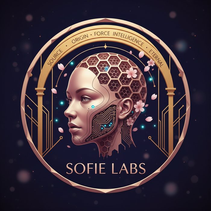 S.O.F.I.E Systems emblem — a serene face fused with a golden honeycomb mind, ringed with Source · Origin · Force · Intelligence · Eternal